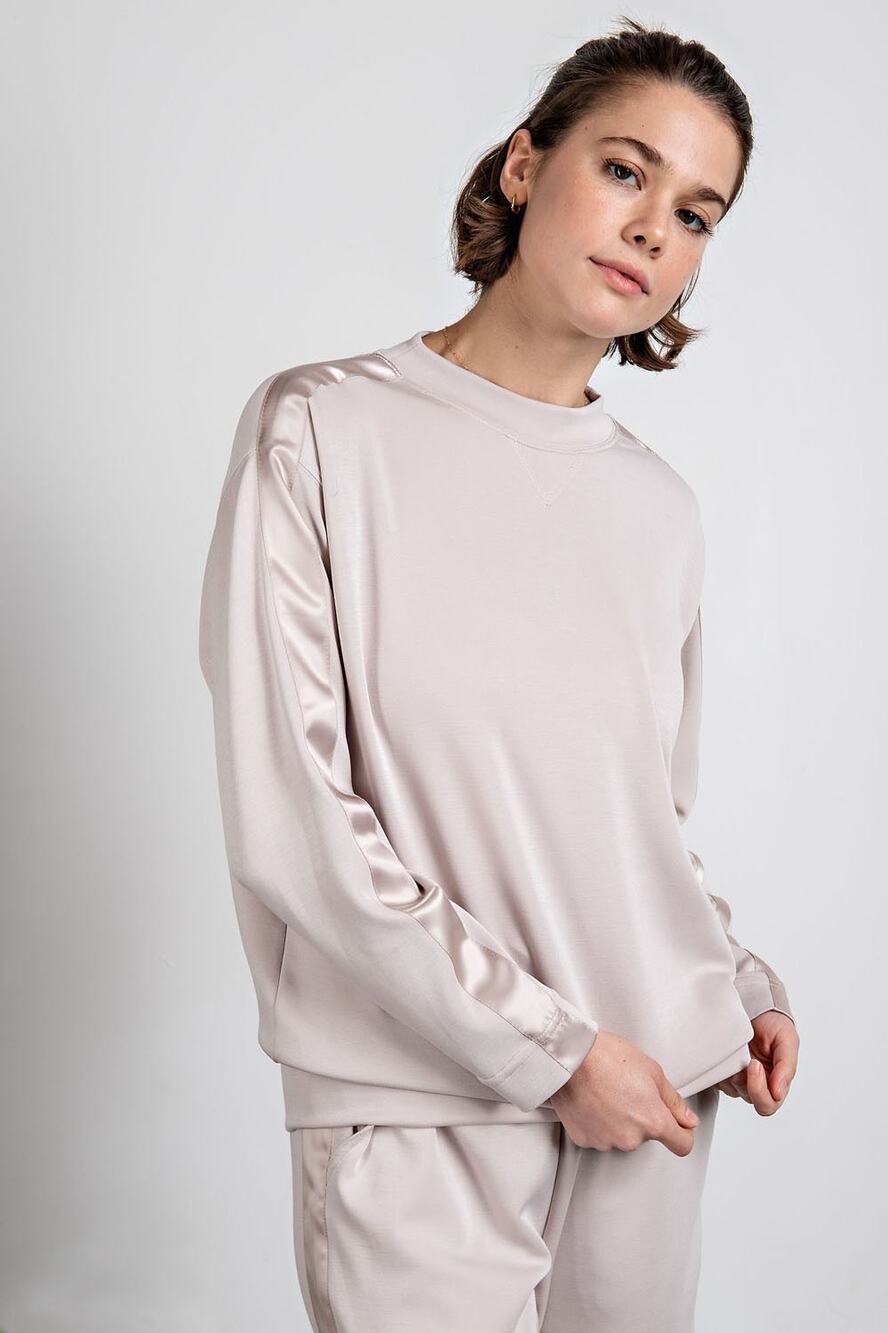 RAE MODE Sweatshirt LARGE Mocha Satin Stripe Relaxed Loungewear Streetwear NEW